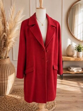 Jeanne Beker Wool Trench Coat Holiday Power Red Coat w/ Belt & Pockets (Size 14)